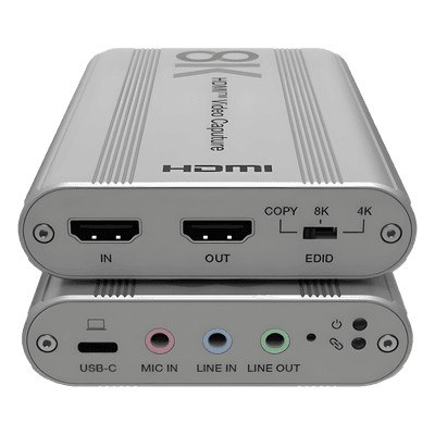 Tarjeta de Captura HDMI 8K a USB 3.2 Gen 1 | Resolución 8K@60Hz y 4K2K@144Hz | Ancho de Banda 48Gbps | Mezcla de Audio HDMI-Micrófono-Línea | Compatibilidad Multiplataforma Windows-macOS-Linux | Carcasa de Aluminio Plateado