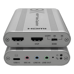 Tarjeta de Captura HDMI 8K a USB 3.2 Gen 1 | Resolución 8K@60Hz y 4K2K@144Hz | Ancho de Banda 48Gbps | Mezcla de Audio HDMI-Micrófono-Línea | Compatibilidad Multiplataforma Windows-macOS-Linux | Carcasa de Aluminio Plateado