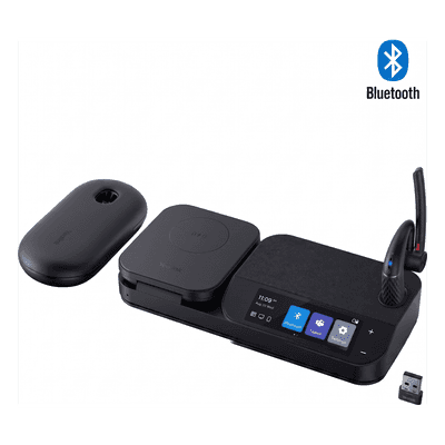 Sistema de Auricular Bluetooth Mono / Cancelación de Ruido 4-Mic / Autonomía 30h / Pantalla Táctil 3' / Conectividad USB-C/A / Carga Inalámbrica Qi 15W