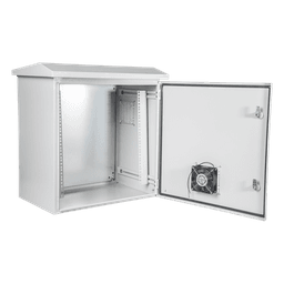 Kit Gabinete Ventilado de Acero, Rack 19" 11U, IP55 Uso en Exterior (593 x 609 x 399 mm) con Placa Trasera Interior Metálica y Compuerta Inferior Atornillable. Incluye Ventilador, Ventilas, filtros, Terminal de Tierra Física.