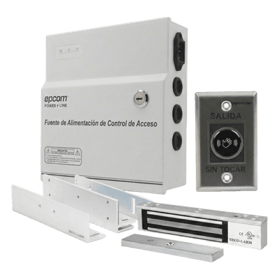 Kit para Control de Acceso Incluye Fuente de 12VCD / Soporta Batería de Respaldo/ Chapa Magnética de 600Lbs / Montajes L y Z / Botón de salida  / Certificación UL y ETL