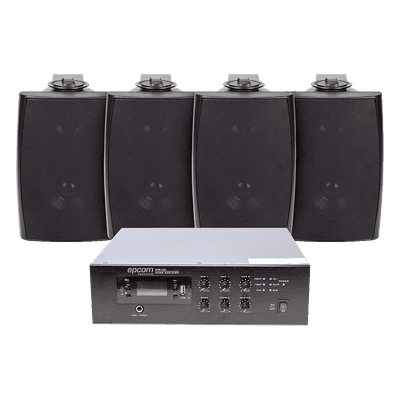 Kit de Sonido Ambiental / Amplificador 240W RMS / Salida 70/100V / 4 Altavoces de Pared / Bluetooth y MP3 / Resistente a Humedad