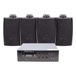 Kit de Sonido Ambiental / Amplificador 240W RMS / Salida 70/100V / 4 Altavoces de Pared / Bluetooth y MP3 / Resistente a Humedad