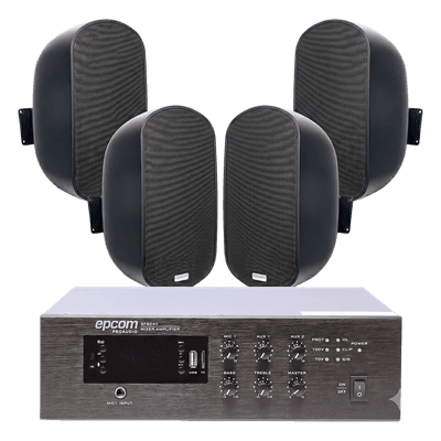 KIT de Amplificador de 240W para Escritorio | 4 Altavoces de Pared color Negro 3W - 50W | Sistema 70/100V
