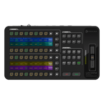 Controlador de Eventos Compacto U5MINI / Pantalla Táctil Principal 21.5" / Pantalla Inteligente 8" / 87 Botones LCD Programables / 4 Encoders y 8 Faders / Control MIDI y KVM / Diseño Plegable / Software PixelFlow / HDMI 2.0 / 12G-S