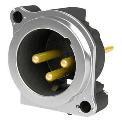 Conector XLR Macho / 3 Polos / Montaje Vertical PCB / Carcasa Metálica / Pines Chapados en Oro / Diseño Ultra Compacto