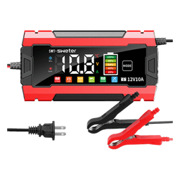 Cargador Inteligente Automático 3 Etapas / 12V 10A / Para Motocicleta, Auto, ATV / Baterías AGM, GEL, SLA, WET, DEEP CYCLE, Litio 12.6V, LiFePO4 14.6V / LCD / Protección Inversa Polaridad