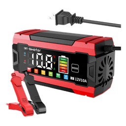 Cargador Inteligente Automático 3 Etapas / 12V 10A / Para Motocicleta, Auto, ATV / Baterías AGM, GEL, SLA, WET, DEEP CYCLE, Litio 12.6V, LiFePO4 14.6V / LCD / Protección Inversa Polaridad