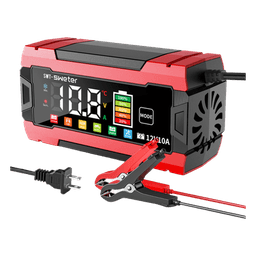 Cargador Inteligente Automático 3 Etapas / 12V 10A / Para Motocicleta, Auto, ATV / Baterías AGM, GEL, SLA, WET, DEEP CYCLE, Litio 12.6V, LiFePO4 14.6V / LCD / Protección Inversa Polaridad