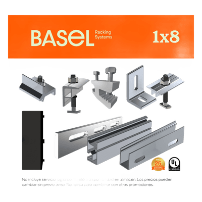 Sistema de Montaje Solar BASEL / Flat Roof Single Row / 8 Módulos / 140 km/h Viento / Riel N-S 2.14 m / Inclinación 15°