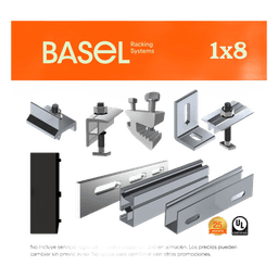 Sistema de Montaje Solar BASEL / Flat Roof Single Row / 8 Módulos / 140 km/h Viento / Riel N-S 2.14 m / Inclinación 15°