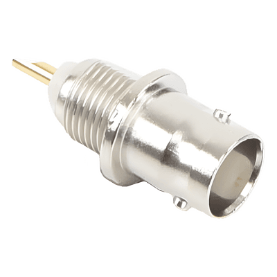 Conector BNC Hembra de Montaje Frontal D-Plano, Soldable, Rondana de Seguridad, Níquel/ Oro/ Delrin. 