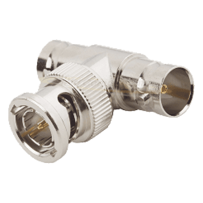 Adaptador RF en T / BNC Macho a Doble BNC Hembra / 50 Ohm / Cuerpo Niquelado / Contacto Oro / Aislante Teflón