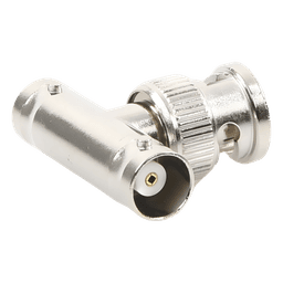 Adaptador en T para 50 Ohm de BNC Macho a Doble BNC Hembra, Troquelado, Níquel/ Oro/ Delrin.
