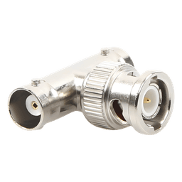 Adaptador en T para 50 Ohm de BNC Macho a Doble BNC Hembra, Troquelado, Níquel/ Oro/ Delrin.