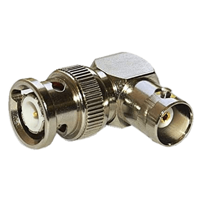 Adaptador en Ángulo Recto, de Conector BNC Macho a BNC Hembra, 50 Ohm (Monitor), Níquel/ Plata/ Teflón.