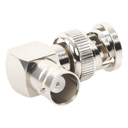 Adaptador en Ángulo Recto, de Conector BNC Macho a BNC Hembra, 50 Ohm (Monitor), Níquel/ Plata/ Teflón.