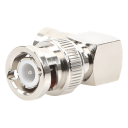 Adaptador en Ángulo Recto, de Conector BNC Macho a BNC Hembra, 50 Ohm (Monitor), Níquel/ Plata/ Teflón.