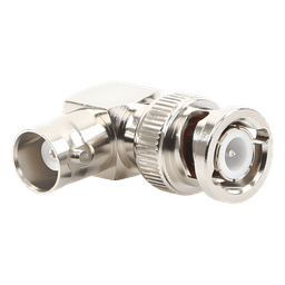 Adaptador en Ángulo Recto, de Conector BNC Macho a BNC Hembra, 50 Ohm (Monitor), Níquel/ Plata/ Teflón.