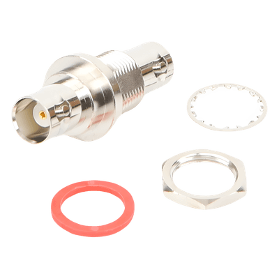 Adaptador Doble BNC Hembra para Chasis, Hermético y de Montaje en D-Plano, Níquel/ Oro/ Delrin.