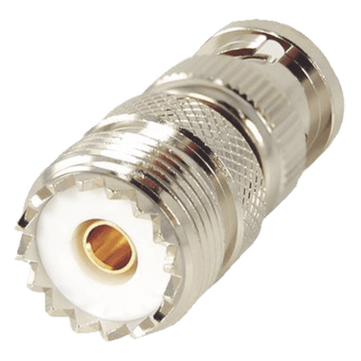 Adaptador RF en Línea / 50 Ohm / BNC Macho a UHF Hembra SO-239 / Cuerpo Níquel / Contacto Oro / Aislante Delrin