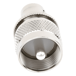 Adaptador RF en Línea / BNC Hembra a UHF Macho (PL-259) / 50 Ohm / Cuerpo Niquelado / Contacto Plateado / Aislante Delrin