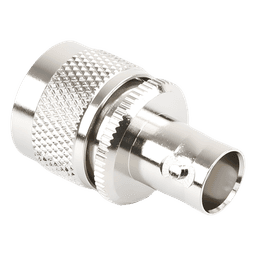 Adaptador RF en Línea / BNC Hembra a UHF Macho (PL-259) / 50 Ohm / Cuerpo Niquelado / Contacto Plateado / Aislante Delrin
