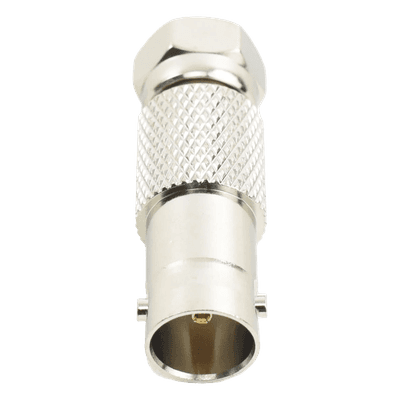 Adaptador en Línea, de Conector BNC Hembra a F Macho, Níquel/ Oro/ Delrin.
