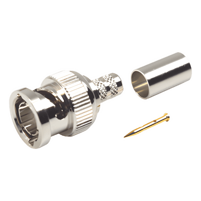 Conector BNC Macho en 75 Ohm, Anillo Plegable para Coaxial 8279, RG-59/U, Níquel/ Oro/ Teflón.