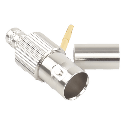 Conector BNC Hembra, 75 Ohm, Anillo Plegable, para RG-59/U, Níquel/ Oro/ Delrin.