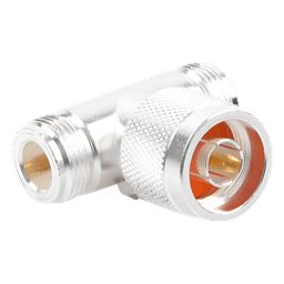 Adaptador en T, de Conector N Macho a Doble N Hembra, Plata/ Oro/ Teflón.