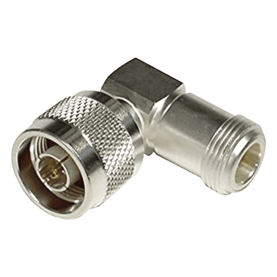 Adaptador en Ángulo Recto, de Conector N Macho a N Hembra, Plata/ Oro/ Teflón.