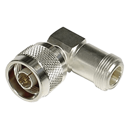Adaptador en Ángulo Recto, de Conector N Macho a N Hembra, Plata/ Oro/ Teflón.