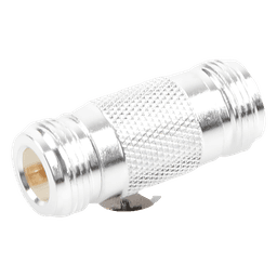 Adaptador Coaxial Tipo Barril / 50 Ohm / Conector N Hembra a N Hembra / Montaje en Línea / Cuerpo Bronce Plateado / Contacto Oro / Aislante Teflón