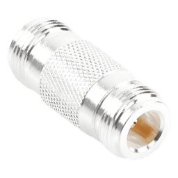 Adaptador Coaxial Tipo Barril / 50 Ohm / Conector N Hembra a N Hembra / Montaje en Línea / Cuerpo Bronce Plateado / Contacto Oro / Aislante Teflón