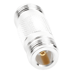 Adaptador Coaxial Tipo Barril / 50 Ohm / Conector N Hembra a N Hembra / Montaje en Línea / Cuerpo Bronce Plateado / Contacto Oro / Aislante Teflón