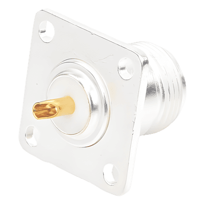 Conector N Hembra para Montaje Frontal en Panel con 4 Perforaciones a 18 mm, Plata/ Oro/ Teflón.