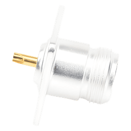 Conector RF N Hembra / Montaje Frontal en Panel / 4 Perforaciones 18 mm / Cuerpo Bronce Plateado / Contacto Oro / Aislante Teflón