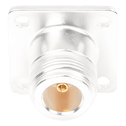 Conector RF N Hembra / Montaje Frontal en Panel / 4 Perforaciones 18 mm / Cuerpo Bronce Plateado / Contacto Oro / Aislante Teflón