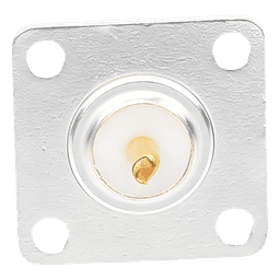 Conector RF N Hembra / Montaje Frontal en Panel / 4 Perforaciones 18 mm / Cuerpo Bronce Plateado / Contacto Oro / Aislante Teflón