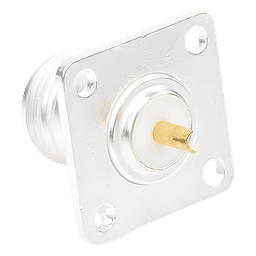 Conector RF N Hembra / Montaje Frontal en Panel / 4 Perforaciones 18 mm / Cuerpo Bronce Plateado / Contacto Oro / Aislante Teflón