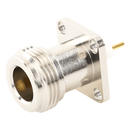Conector RF N Hembra / Montaje Panel Cuadrado 17.5 mm / 4 Perforaciones 12.7 mm (0.5 in) / Soldable / Contacto Oro / Aislante Teflón