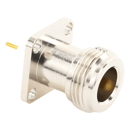 Conector RF N Hembra / Montaje Panel Cuadrado 17.5 mm / 4 Perforaciones 12.7 mm (0.5 in) / Soldable / Contacto Oro / Aislante Teflón