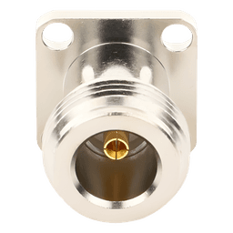 Conector RF N Hembra / Montaje Panel Cuadrado 17.5 mm / 4 Perforaciones 12.7 mm (0.5 in) / Soldable / Contacto Oro / Aislante Teflón