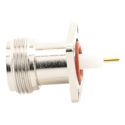 Conector RF N Hembra / Montaje Panel Cuadrado 17.5 mm / 4 Perforaciones 12.7 mm (0.5 in) / Soldable / Contacto Oro / Aislante Teflón