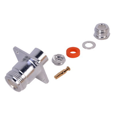 Conector N Hembra, montaje con 4 perforaciones a 18 mm.