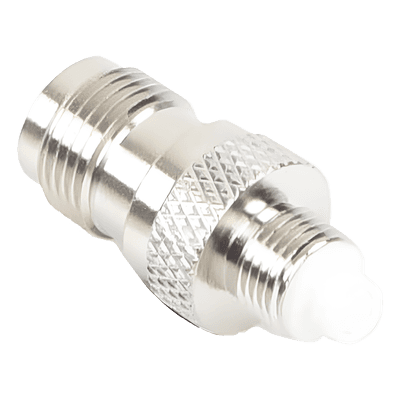 Adaptador en Línea, de Conector TNC Hembra a FME Hembra, Niple Europeo, Níquel/ Oro/ Teflón.