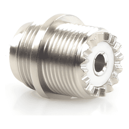 Conector UHF Hembra / Montaje Frontal en Panel D Plano / Cuerpo Zinc Niquelado / Contacto Plateado / Aislante Baquelita / Soldable