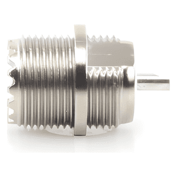 Conector UHF Hembra / Montaje Frontal en Panel D Plano / Cuerpo Zinc Niquelado / Contacto Plateado / Aislante Baquelita / Soldable