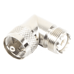 Adaptador en Ángulo Recto, de Conector UHF Macho (PL-259) a UHF Hembra (SO-239), Níquel/ Oro/ Delrin.